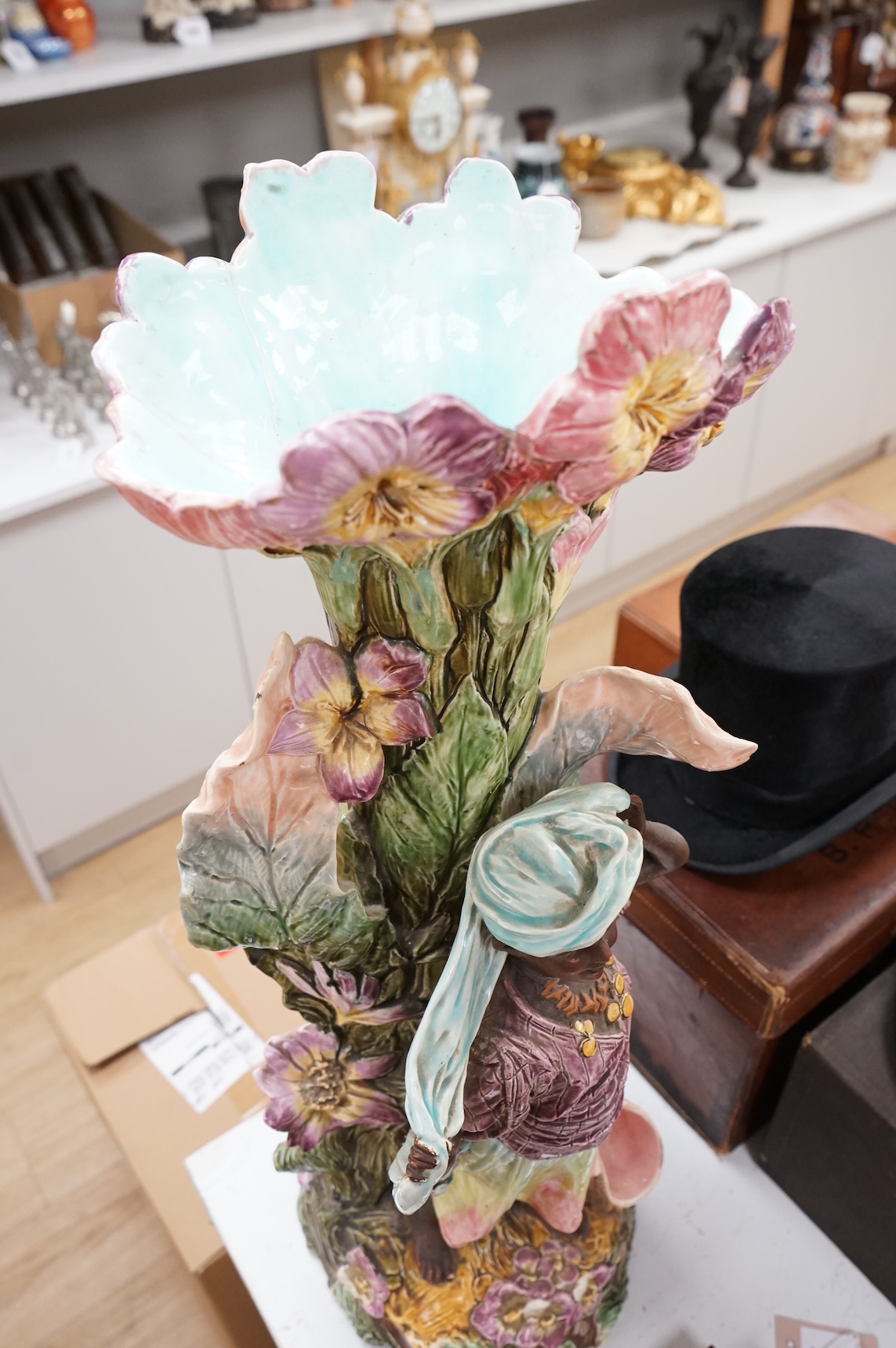 A late 19th century continental majolica floor vase, 74cm